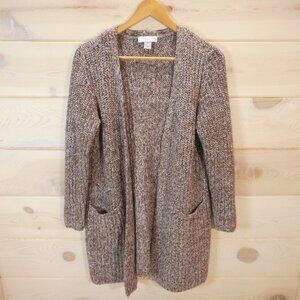 Christopher & Banks Womens PM Open Front Cardigan Sweater Brown Speckled Pockets